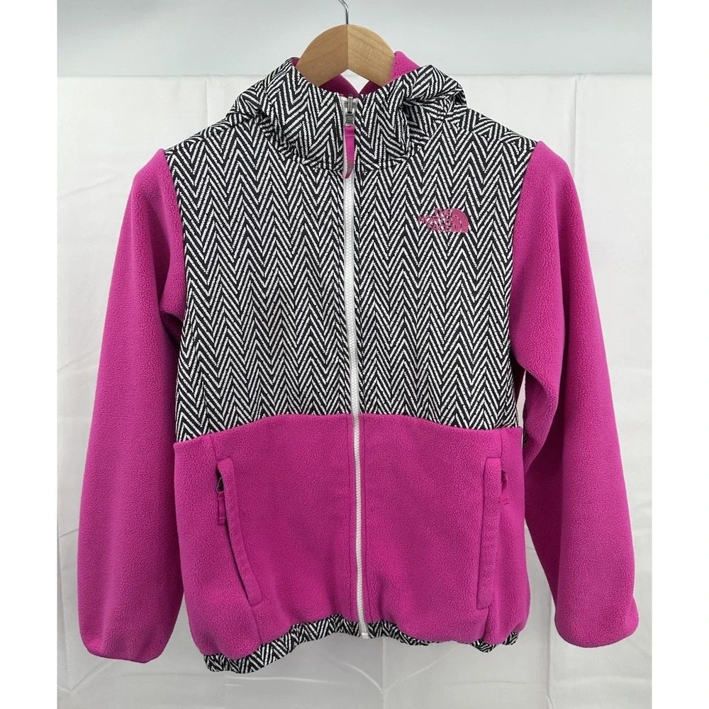 The North Face Girls Denali Jacket Pink Black White Full Zip‎ Hood XL (18)